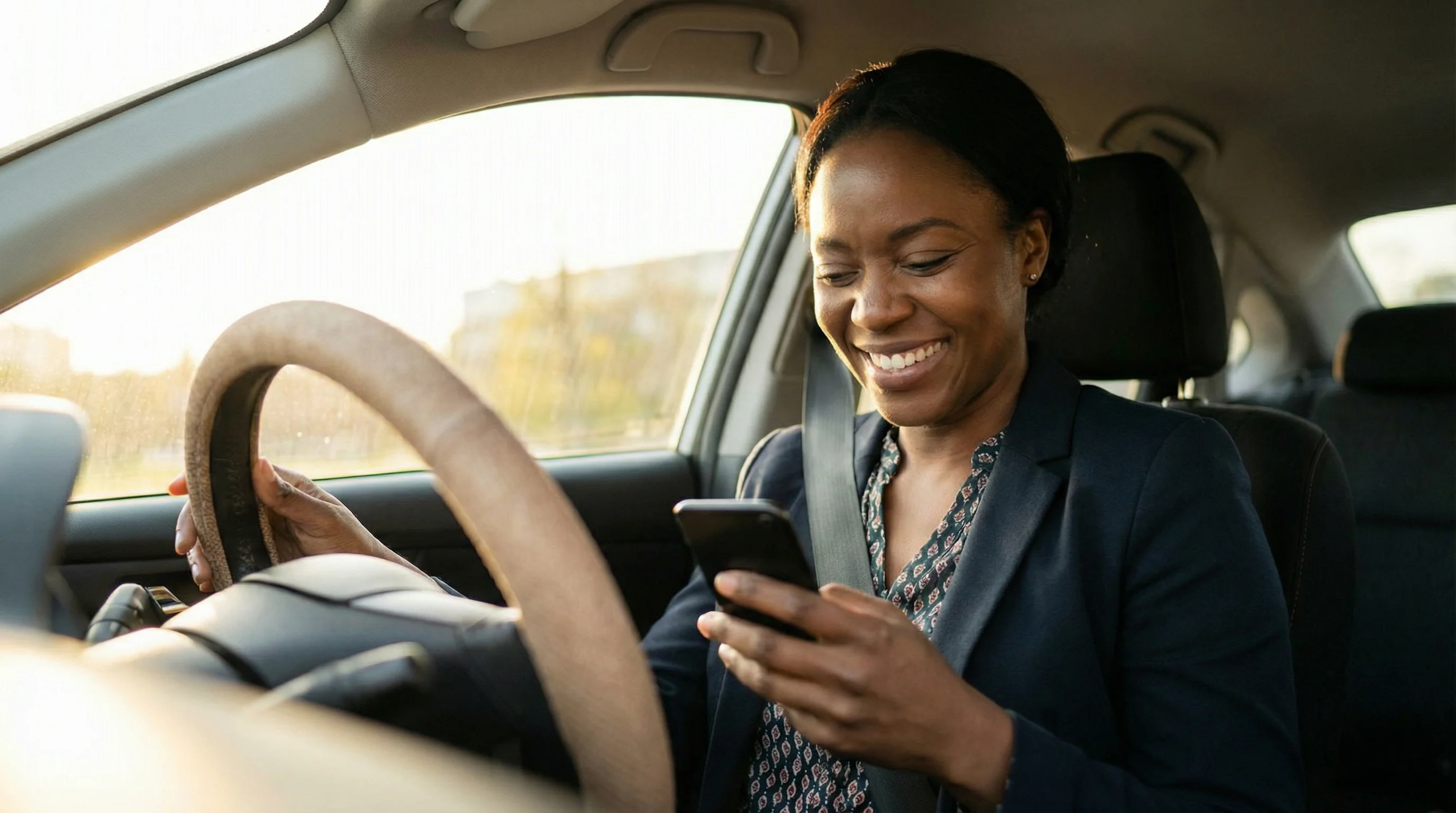 Agent in car, happy about new match