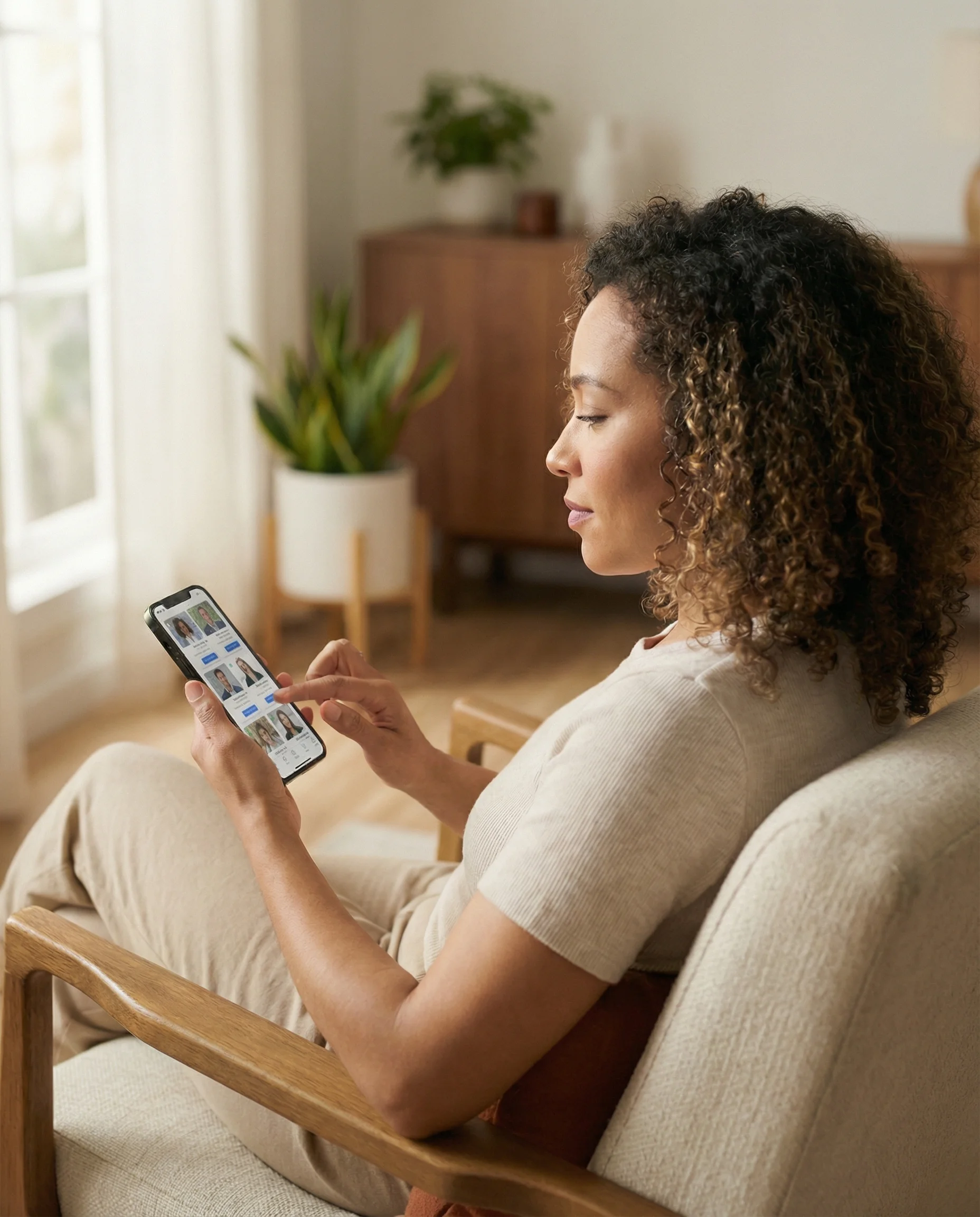 Person using app to browse agent profiles